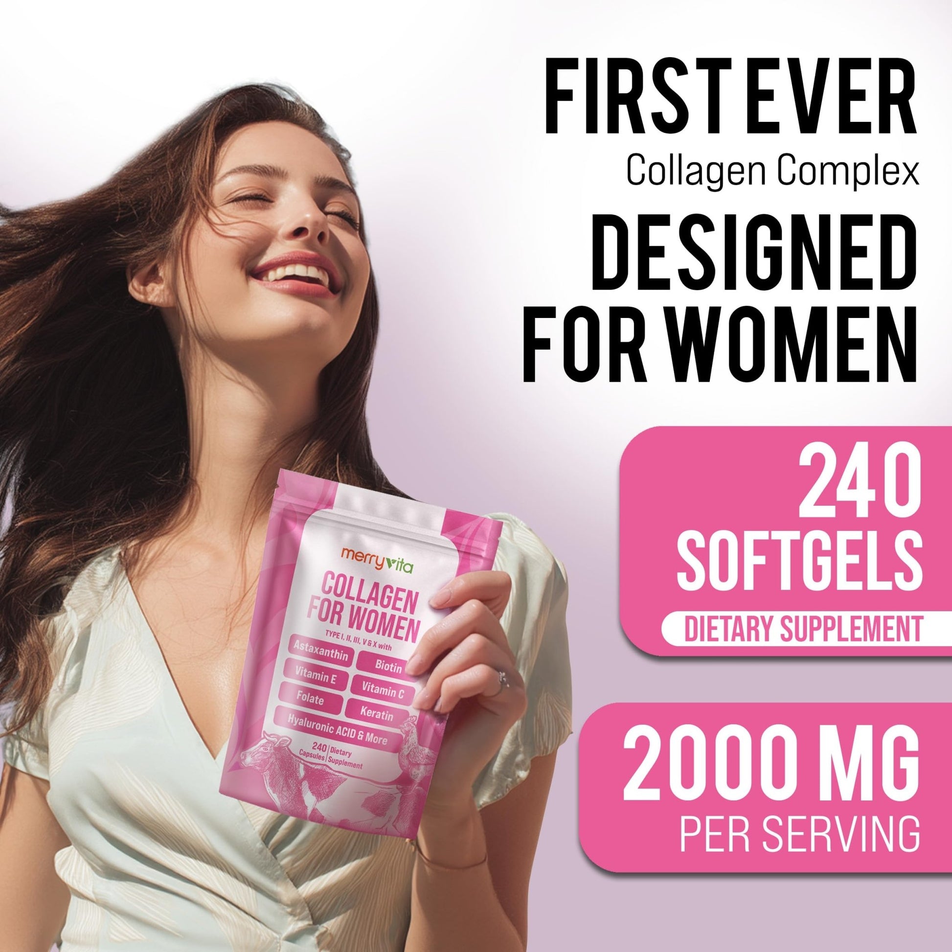 MERRY VITA Collagen for Women – Hydrolyzed Multi Collagen Peptides Types I, II, III, V & X – Collagen Supplement with Vitamin C, Biotin & Hyaluronic Acid – Grass Fed, Non-GMO, 240 Capsules - dailyvitalstore