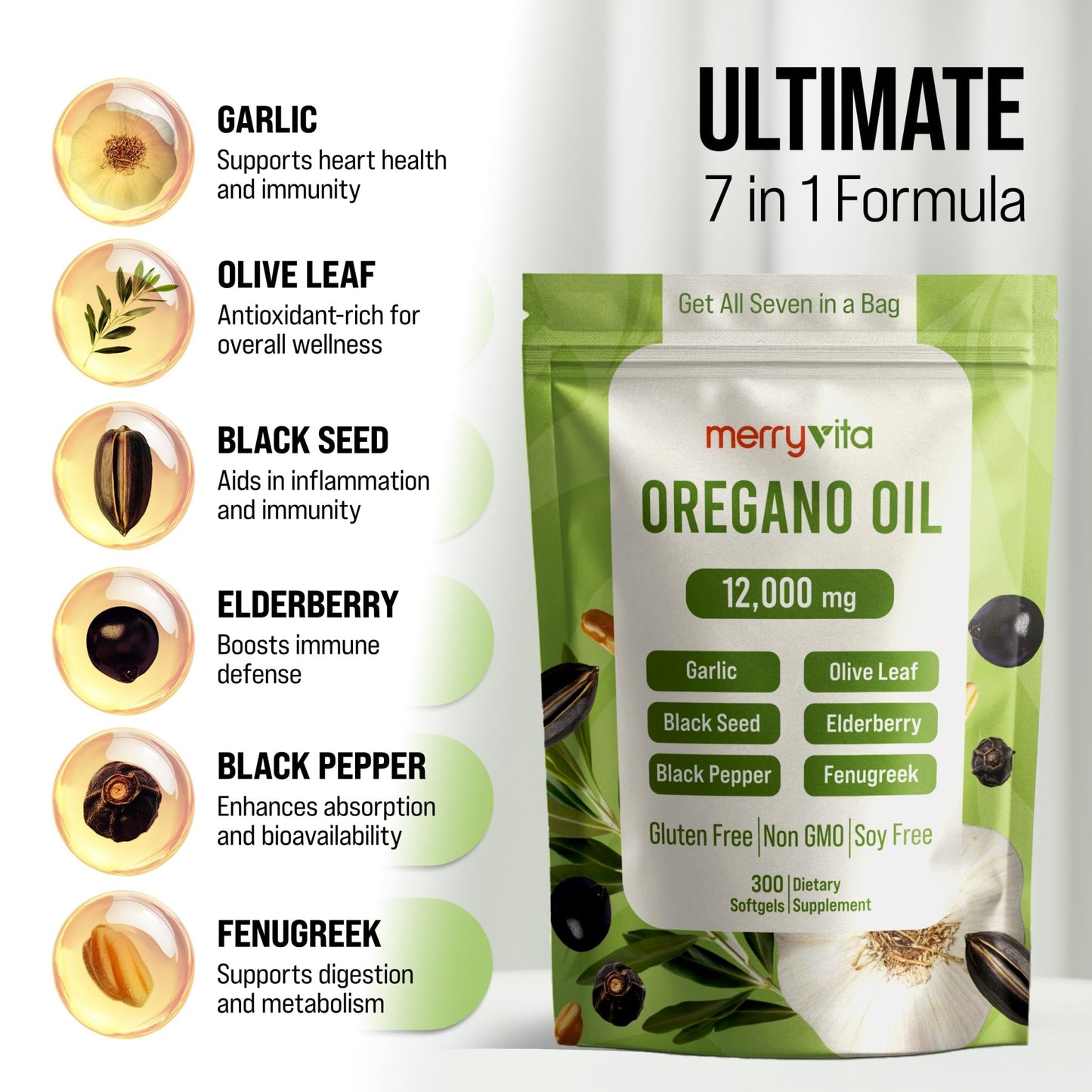 MERRY VITA Oil of Oregano with Black Seed Oil– Oregano Oil Capsules Organic, High Carvacrol – Aceite de Orégano Cápsulas, Immune Support Supplement – Non-GMO - 300 Softgels - dailyvitalstore
