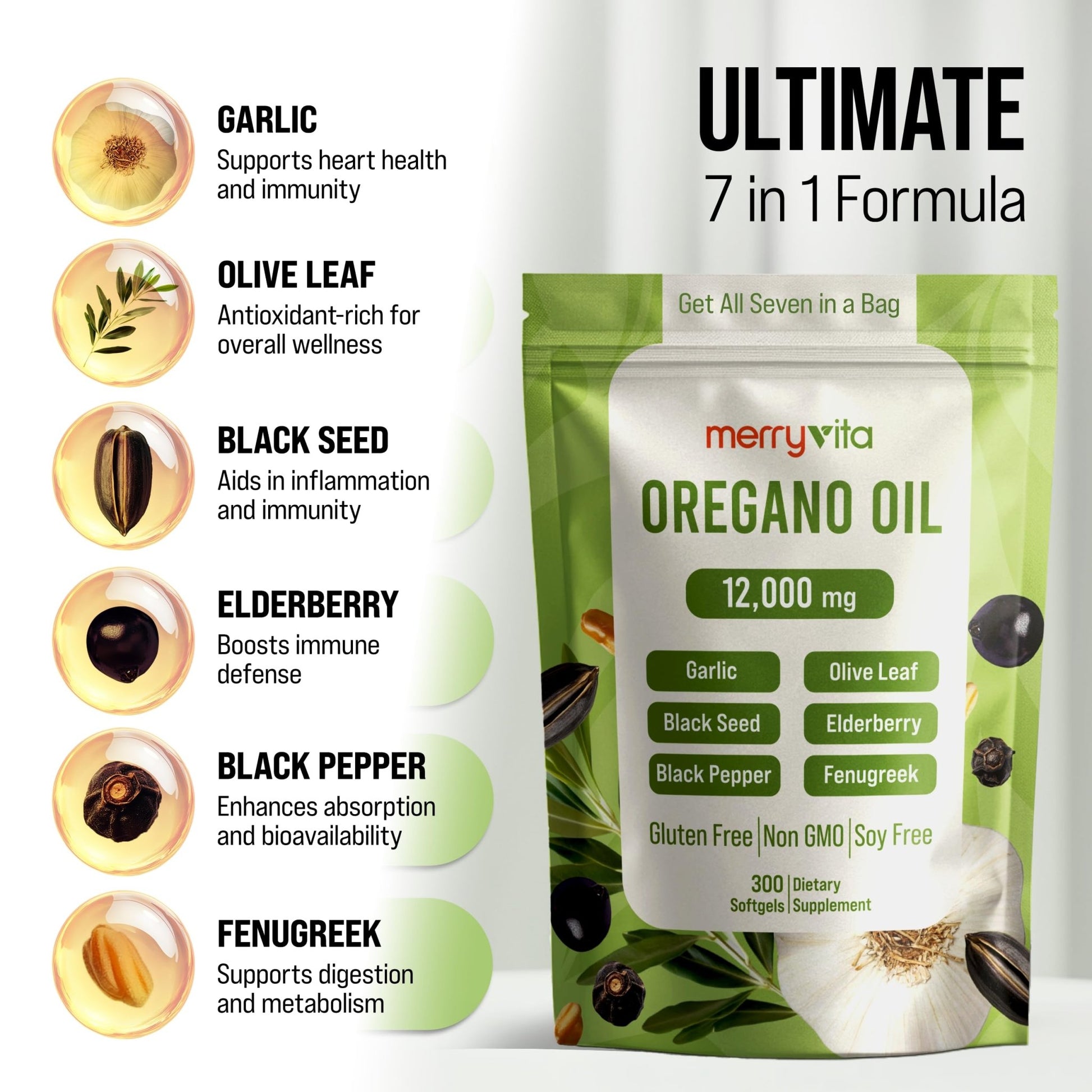 MERRY VITA Oil of Oregano with Black Seed Oil– Oregano Oil Capsules Organic, High Carvacrol – Aceite de Orégano Cápsulas, Immune Support Supplement – Non-GMO - 300 Softgels - dailyvitalstore