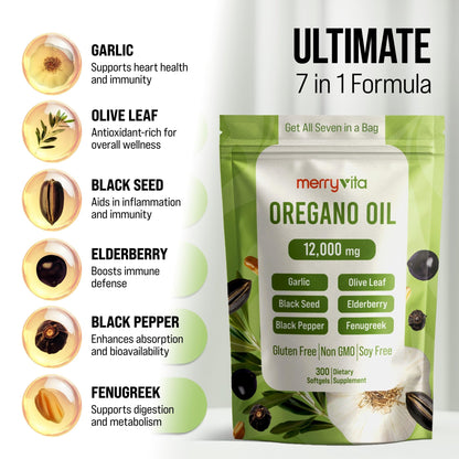 MERRY VITA Oil of Oregano with Black Seed Oil– Oregano Oil Capsules Organic, High Carvacrol – Aceite de Orégano Cápsulas, Immune Support Supplement – Non-GMO - 300 Softgels - dailyvitalstore