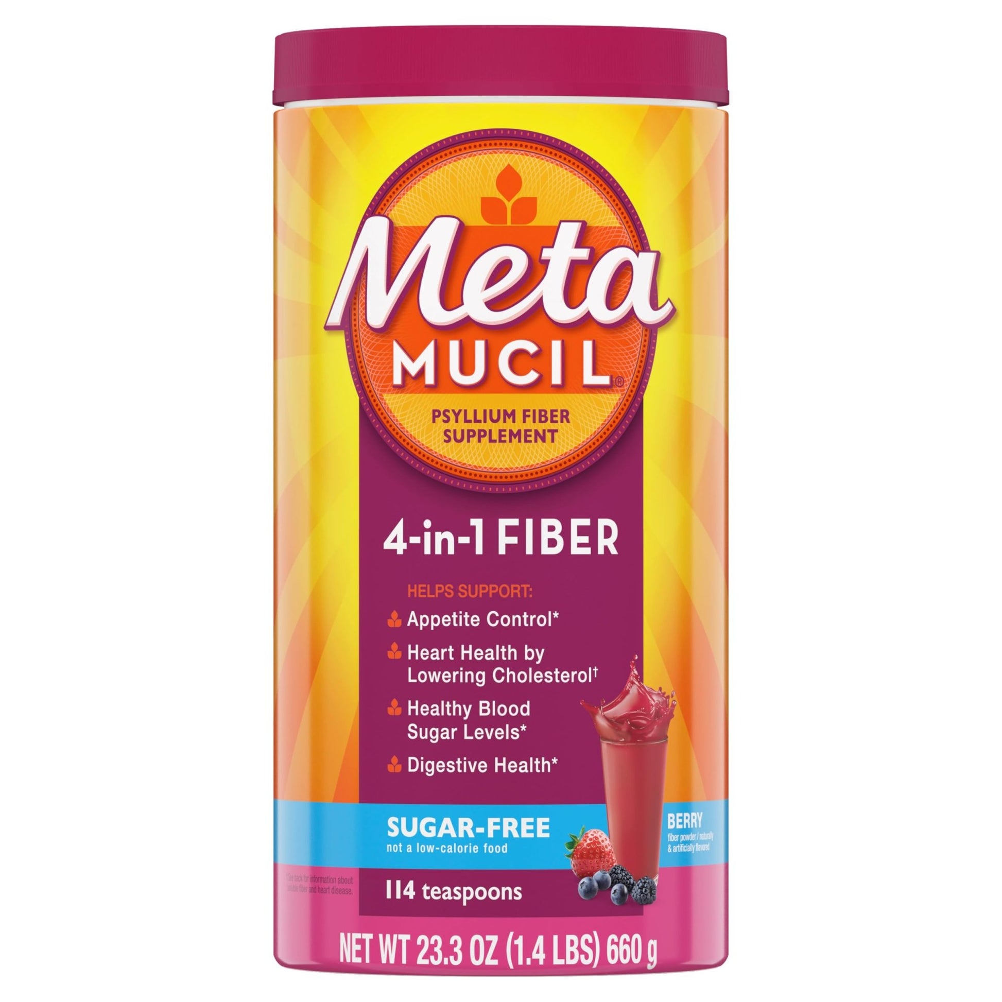 Metamucil, 4-in-1 Fiber Supplement, Psyllium Husk Powder, Sugar-Free Powder, Berry Flavored Drink, 114 Servings - dailyvitalstore