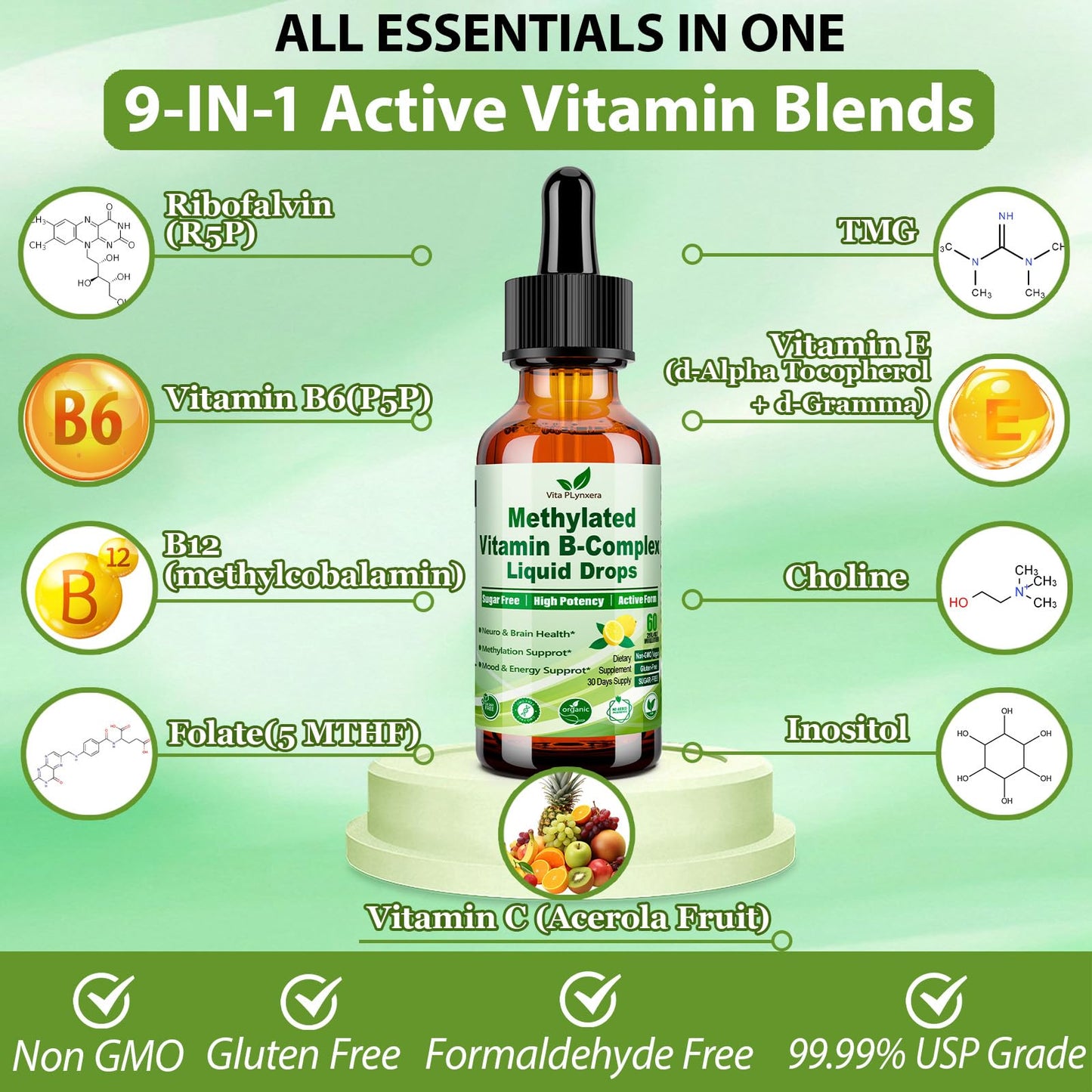 Methylated B Complex Liquid Drop Complete 9-in-1 Methyl B Vitamins w. B12 Methylfolate Inositol Choline TMG Vitamin C E, Super B-Complex Methylated for MTHFR Support, Energy Mood Nerve & Brain Health1 - dailyvitalstore
