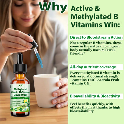 Methylated B Complex Liquid Drop Complete 9-in-1 Methyl B Vitamins w. B12 Methylfolate Inositol Choline TMG Vitamin C E, Super B-Complex Methylated for MTHFR Support, Energy Mood Nerve & Brain Health1 - dailyvitalstore