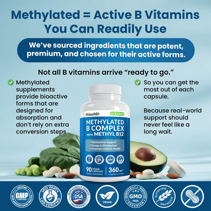 Methylated B Complex with Methylfolate and B12 Methylcobalamin 1000 mcg - Methylated Multivitamin for Energy, Brain Function, and Wellness - Vitamin B Complex for Men & Women (90 Servings) (Pack of 1) - dailyvitalstore