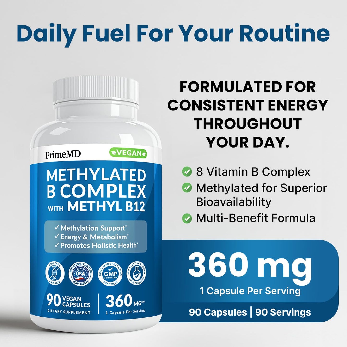 Methylated B Complex with Methylfolate and B12 Methylcobalamin 1000 mcg - Methylated Multivitamin for Energy, Brain Function, and Wellness - Vitamin B Complex for Men & Women (90 Servings) (Pack of 1) - dailyvitalstore