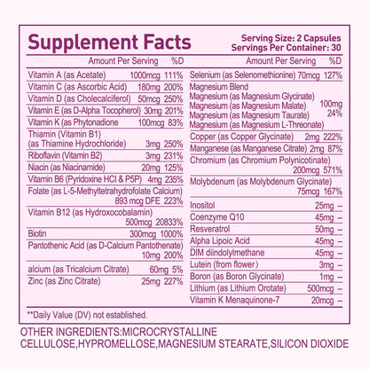 Methylated Multivitamin for Women, 30-in-1 Nutrients Formula with Inositol, CoQ10, Biotin, Zinc for Hair Health Support, Resveratrol, Vitamin C, Alpha Lipoic Acid for Skin Health Support, 60 Capsules - dailyvitalstore