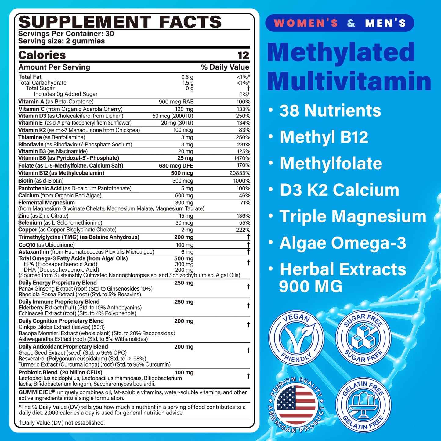 Methylated Multivitamin for Women & Men Gummies w/ Omega-3, Calcium, D3 K2, Methylfolate & B12, TMG, Daily Vitamins, Mag, CoQ10, Probiotic for 18 30 40 50 60 70+, Overall Health - Vegan, Sugar Free - dailyvitalstore