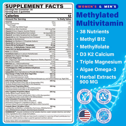 Methylated Multivitamin for Women & Men Gummies w/ Omega-3, Calcium, D3 K2, Methylfolate & B12, TMG, Daily Vitamins, Mag, CoQ10, Probiotic for 18 30 40 50 60 70+, Overall Health - Vegan, Sugar Free - dailyvitalstore