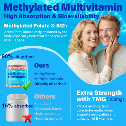 Methylated Multivitamin for Women & Men Gummies w/ Omega-3, Calcium, D3 K2, Methylfolate & B12, TMG, Daily Vitamins, Mag, CoQ10, Probiotic for 18 30 40 50 60 70+, Overall Health - Vegan, Sugar Free - dailyvitalstore
