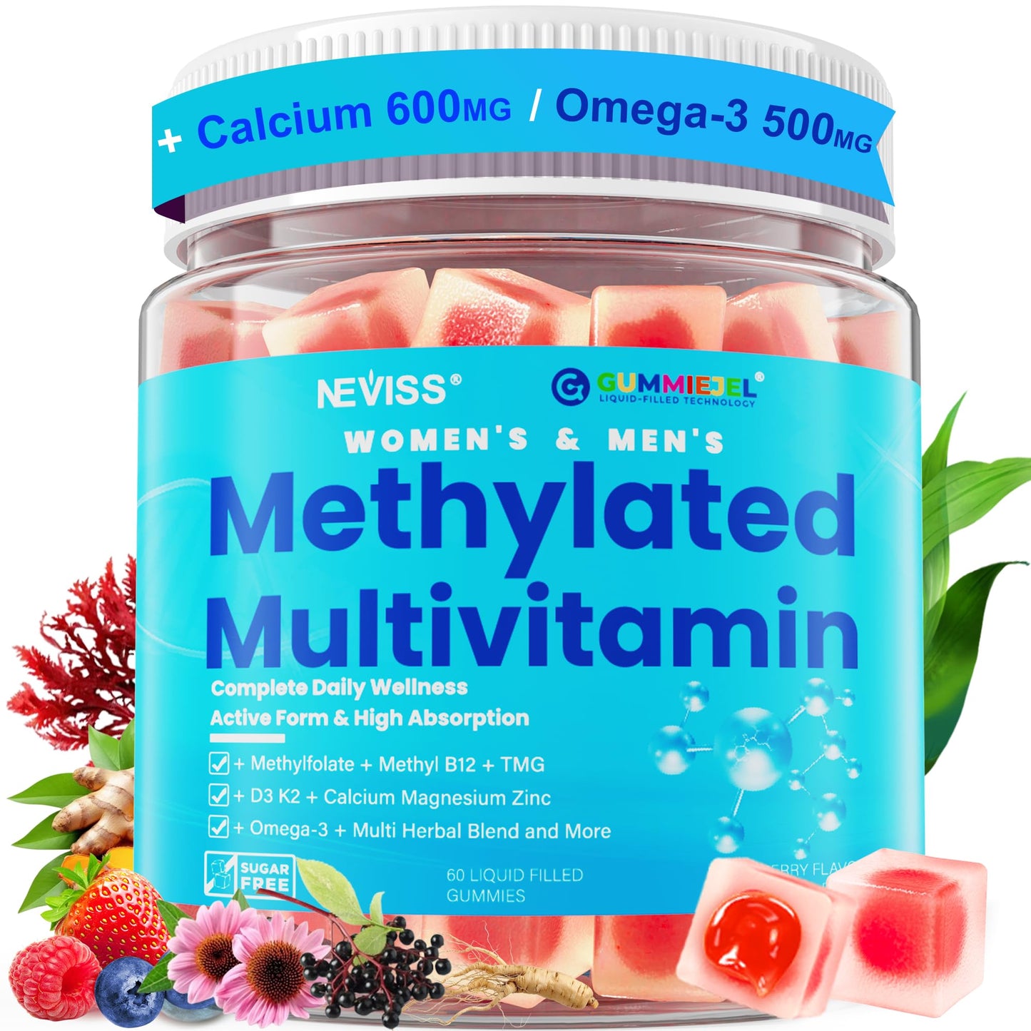Methylated Multivitamin for Women & Men Gummies w/ Omega-3, Calcium, D3 K2, Methylfolate & B12, TMG, Daily Vitamins, Mag, CoQ10, Probiotic for 18 30 40 50 60 70+, Overall Health - Vegan, Sugar Free - dailyvitalstore
