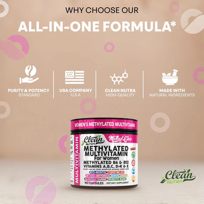 Methylated Multivitamin for Women Vitamins B6 Methyl B12 A B C D K E Folate Choline Omega 3 Thiamine Riboflavin Iron - dailyvitalstore