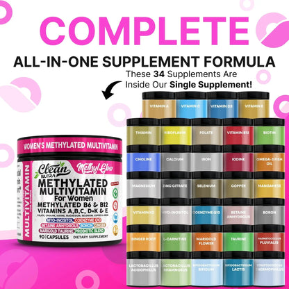 Methylated Multivitamin for Women Vitamins B6 Methyl B12 A B C D K E Folate Choline Omega 3 Thiamine Riboflavin Iron - dailyvitalstore