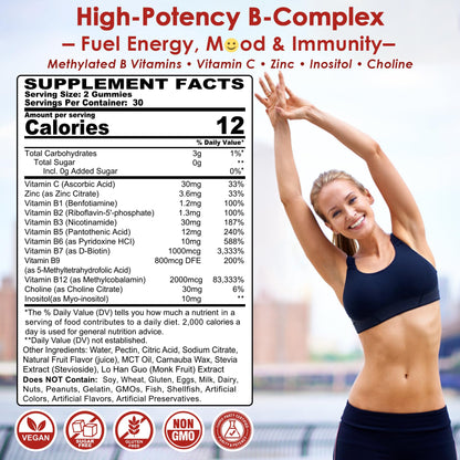 Methylated Vitamin B Complex Gummies 2 Pack, Methyl B12 & Folate with B1, B2, B3, B5, Biotin | Vitamin C, Zinc, Choline & Inositol – B Complex Supplement for Energy - dailyvitalstore