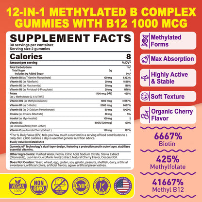 Methylated Vitamin B Complex Gummies for Women & Men - 12-in-1 Multivitamin with 1000 mcg Methyl B12, 1700 mcg Methylfolate, 2000 mcg Biotin, Inositol for Energy - dailyvitalstore