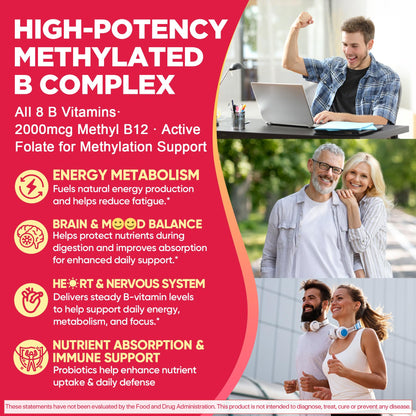 Methylated Vitamin B Complex Gummies for Women & Men, High Dose 2000 mcg Methyl B12, Liposomal Super All B Vitamins Methylfolate, B1, B2, B3, B5, B6, B7, Vitamin C, - dailyvitalstore