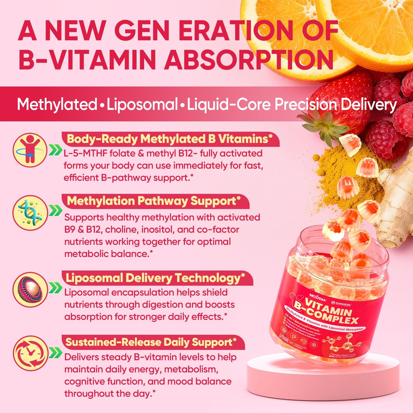 Methylated Vitamin B Complex Gummies for Women & Men, High Dose 2000 mcg Methyl B12, Liposomal Super All B Vitamins Methylfolate, B1, B2, B3, B5, B6, B7, Vitamin C, - dailyvitalstore