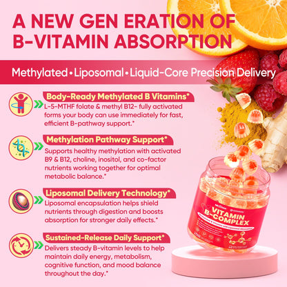 Methylated Vitamin B Complex Gummies for Women & Men, High Dose 2000 mcg Methyl B12, Liposomal Super All B Vitamins Methylfolate, B1, B2, B3, B5, B6, B7, Vitamin C, - dailyvitalstore