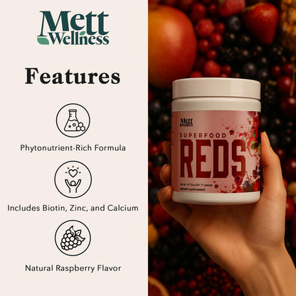 Mett Wellness Superfood REDS | 10.72 oz | With Vitamins A, C & E | Helps Maintain Nitric Oxide Levels | Supports Daily Wellness - dailyvitalstore