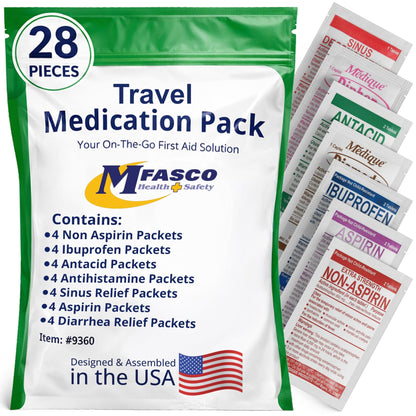MFASCO - 7 in 1 - Travel Size Medicine Kit - TSA Approved | 28 First Aid Emergency OTC Medicine Packets for Cruise & International Travel | Compact Med Refill for Traveling & Office Assembled in USA - dailyvitalstore