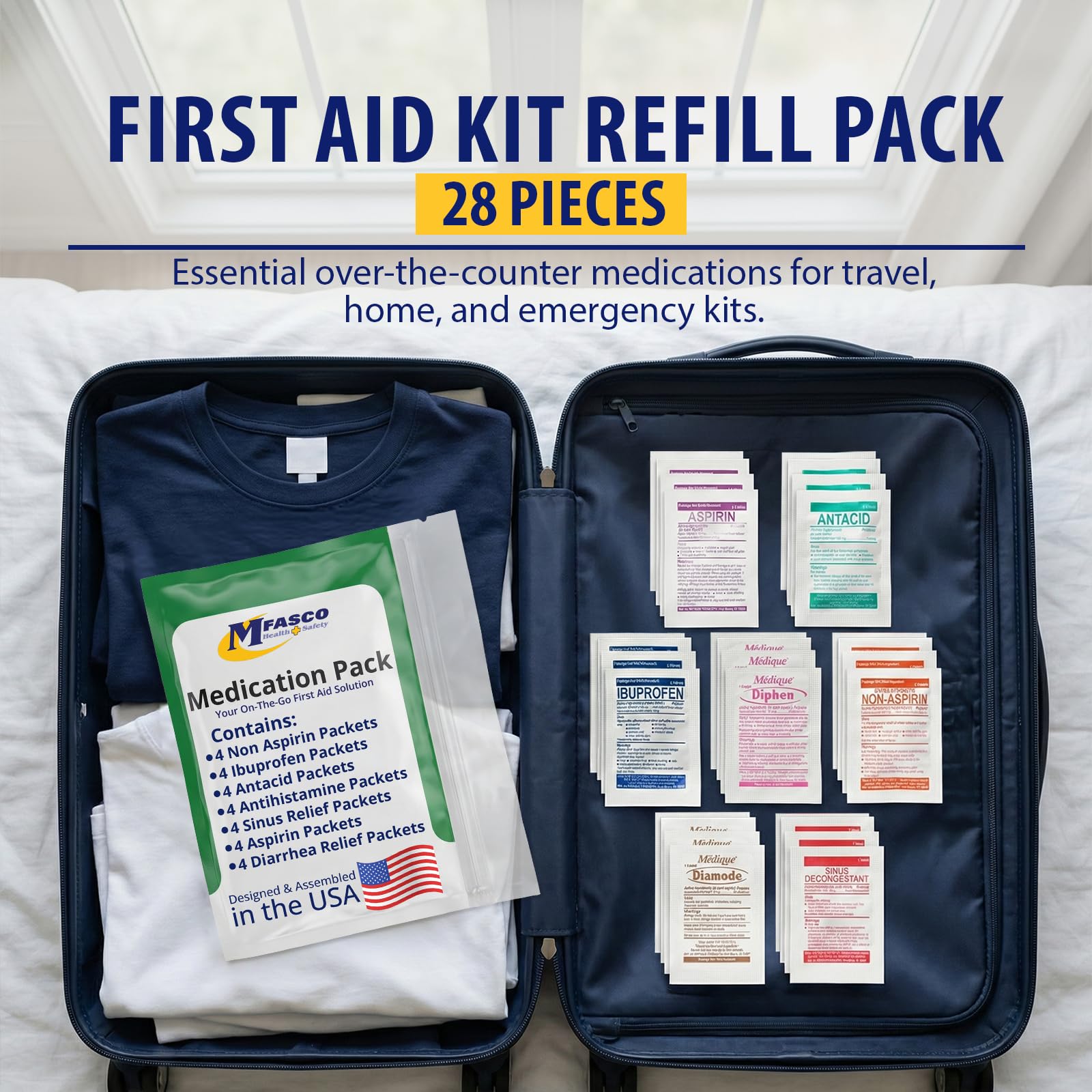 MFASCO - 7 in 1 - Travel Size Medicine Kit - TSA Approved | 28 First Aid Emergency OTC Medicine Packets for Cruise & International Travel | Compact Med Refill for Traveling & Office Assembled in USA - dailyvitalstore