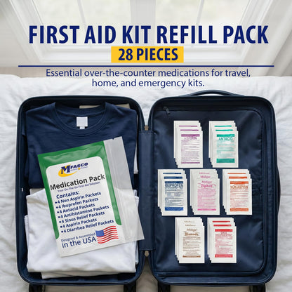 MFASCO - 7 in 1 - Travel Size Medicine Kit - TSA Approved | 28 First Aid Emergency OTC Medicine Packets for Cruise & International Travel | Compact Med Refill for Traveling & Office Assembled in USA - dailyvitalstore