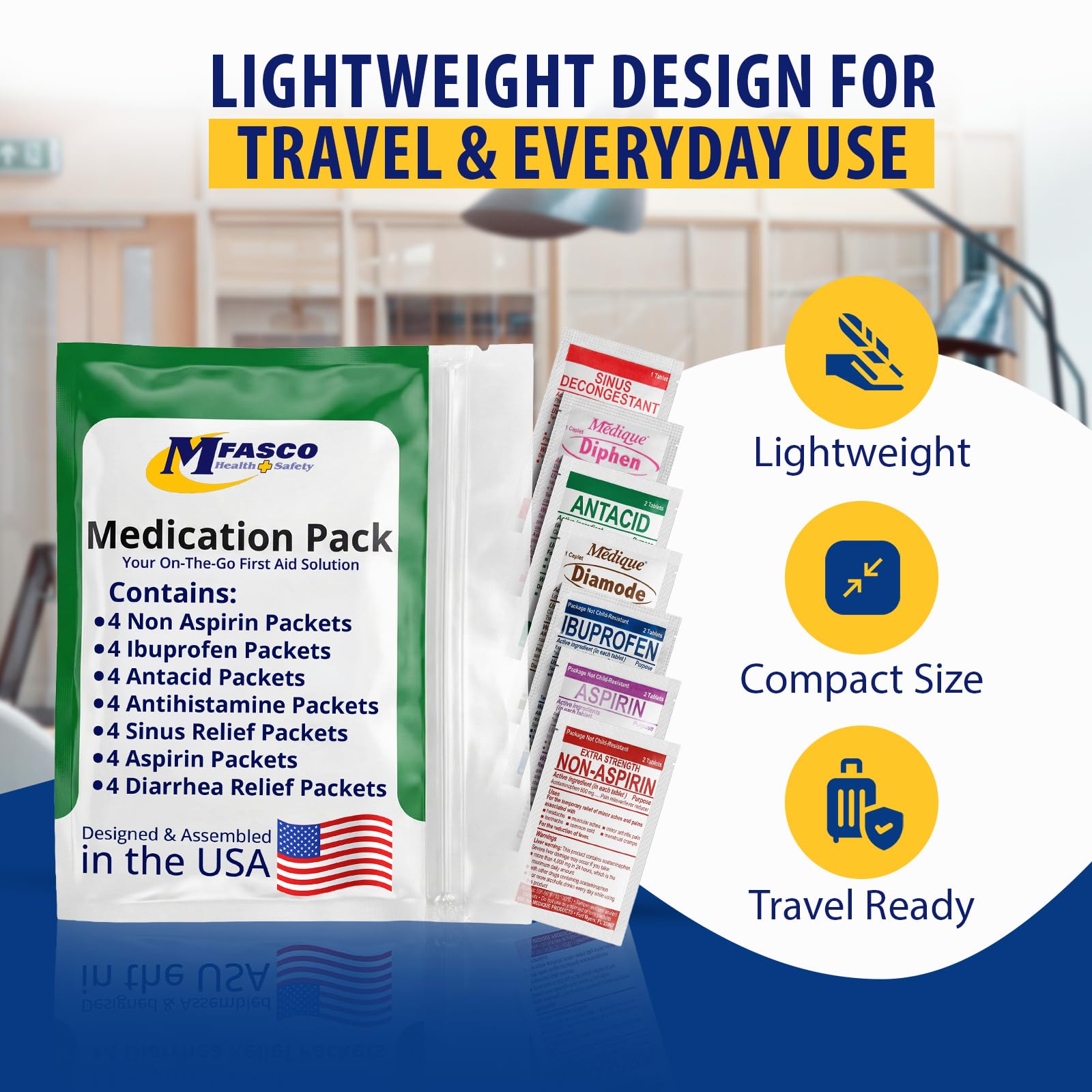 MFASCO - 7 in 1 - Travel Size Medicine Kit - TSA Approved | 28 First Aid Emergency OTC Medicine Packets for Cruise & International Travel | Compact Med Refill for Traveling & Office Assembled in USA - dailyvitalstore