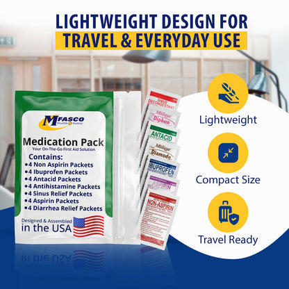 MFASCO - 7 in 1 - Travel Size Medicine Kit - TSA Approved | 28 First Aid Emergency OTC Medicine Packets for Cruise & International Travel | Compact Med Refill for Traveling & Office Assembled in USA - dailyvitalstore