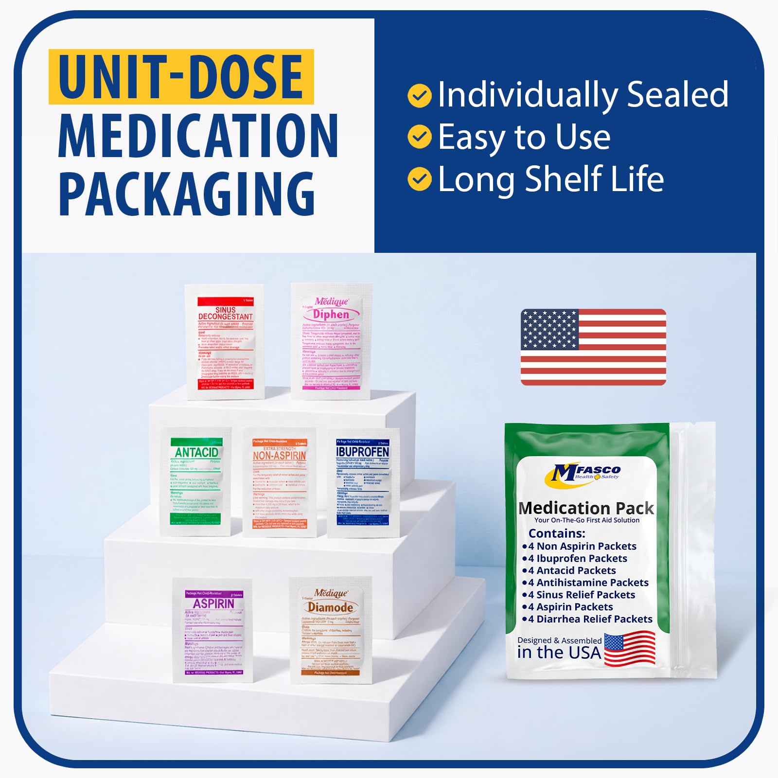 MFASCO - 7 in 1 - Travel Size Medicine Kit - TSA Approved | 28 First Aid Emergency OTC Medicine Packets for Cruise & International Travel | Compact Med Refill for Traveling & Office Assembled in USA - dailyvitalstore