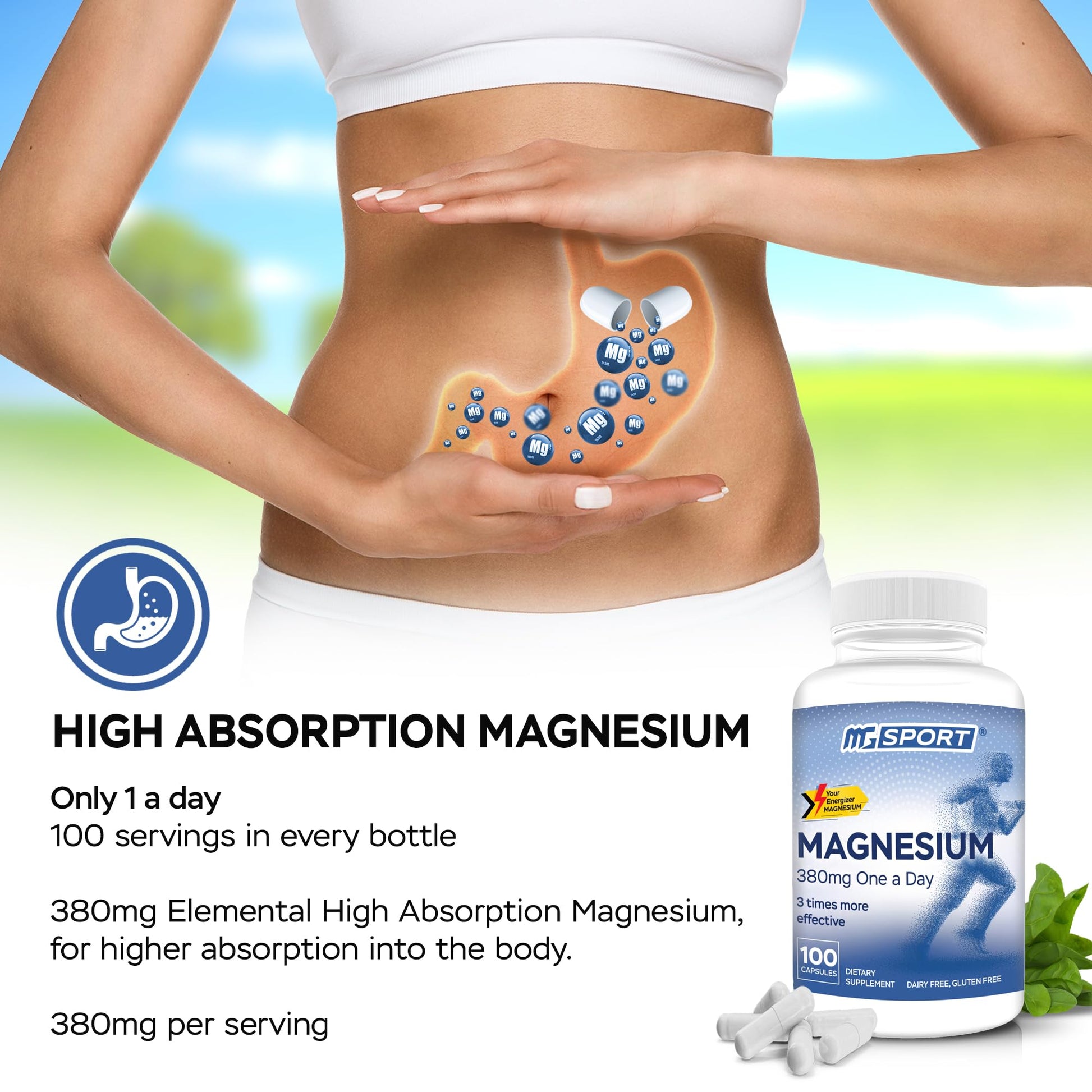 MGSPORT Magnesium Supplement 380mg - High Absorption Magnesium Complex Formula with Vitamins B6, D, E - Supports Muscle Function and Sleep Quality - 100 Servings - dailyvitalstore