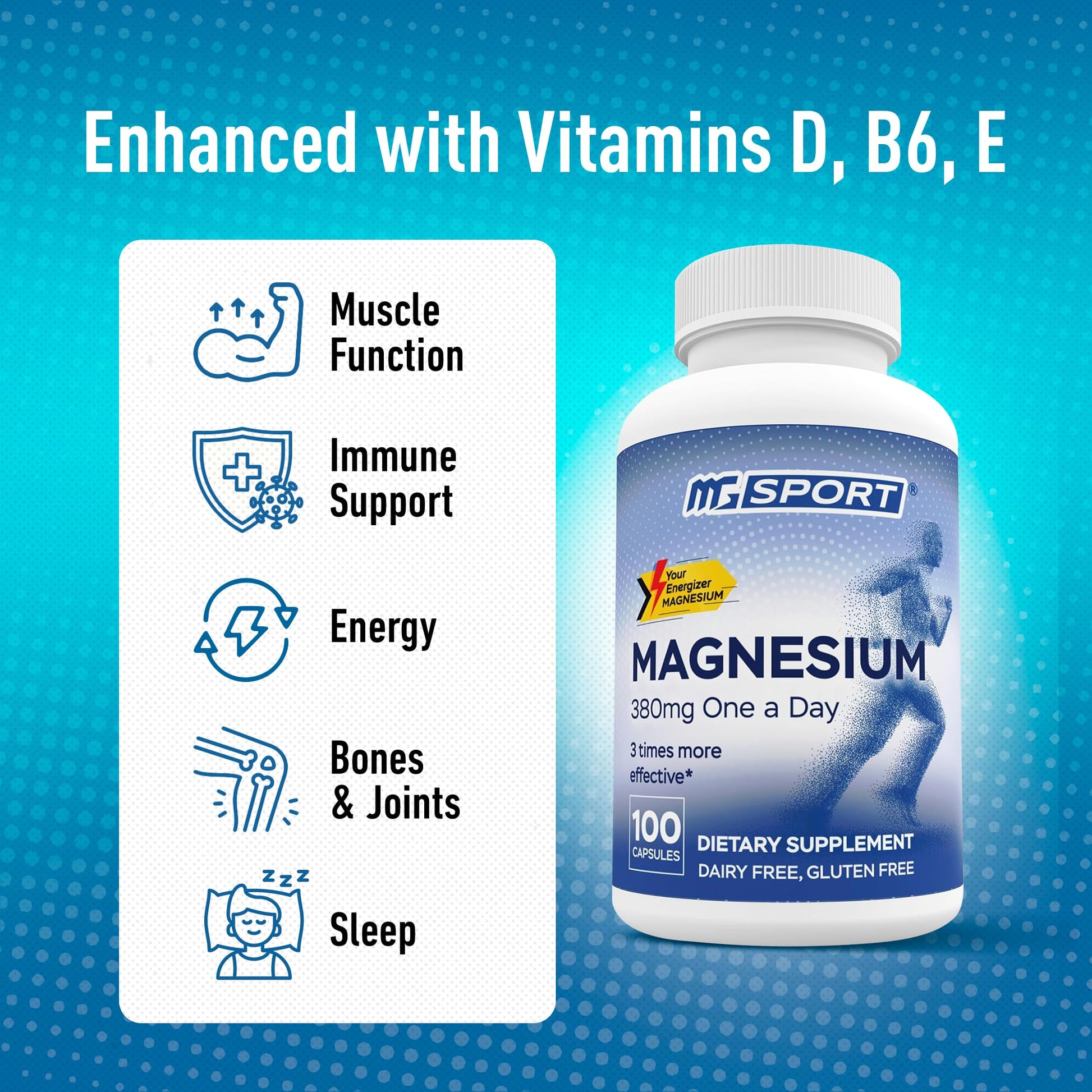 MGSPORT Magnesium Supplement 380mg - High Absorption Magnesium Complex Formula with Vitamins B6, D, E - Supports Muscle Function and Sleep Quality - 100 Servings - dailyvitalstore