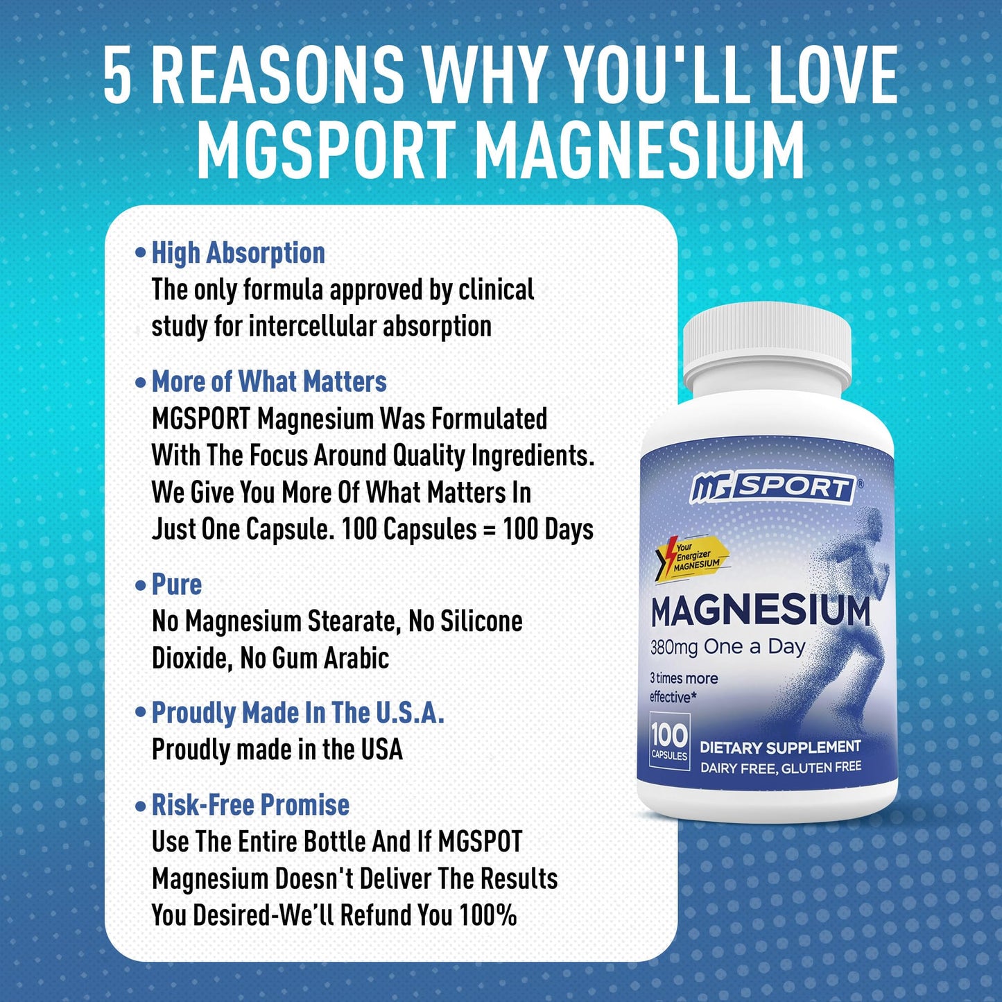 MGSPORT Magnesium Supplement 380mg - High Absorption Magnesium Complex Formula with Vitamins B6, D, E - Supports Muscle Function and Sleep Quality - 100 Servings - dailyvitalstore
