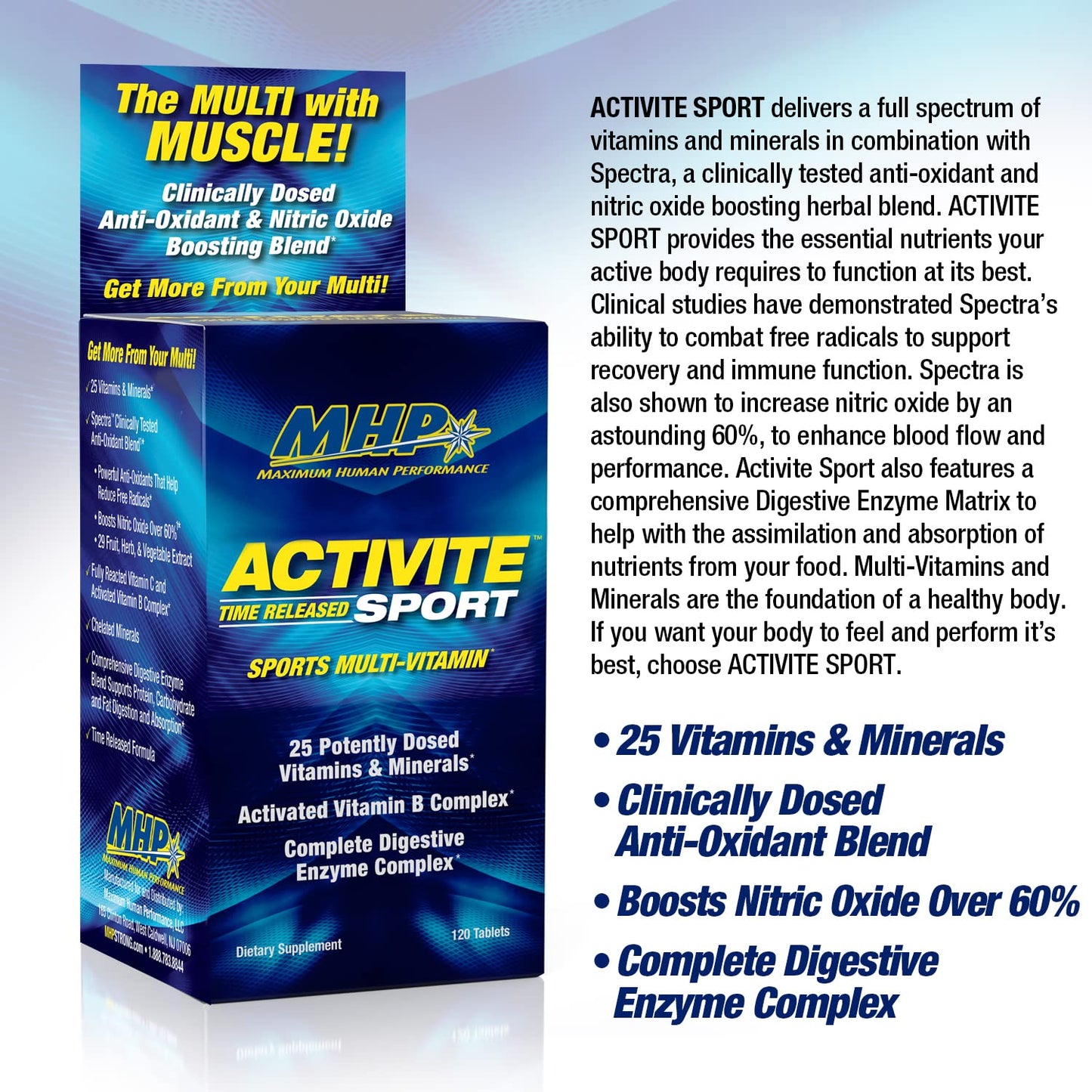 MHP Activite Sport Multi Vitamin, 25 Vitamins and Minerals, Nitric Oxide Booster, Digestive Enzymes, Antioxidants, 120 Tablets - dailyvitalstore