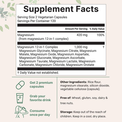 Micro Ingredients 12‑in‑1 Magnesium Complex 1000 mg, 240 Capsules – Magnesium Glycinate, Citrate, Taurate, Malate & More – High Absorption Formula for Men & Women – Chelated & Purified - dailyvitalstore