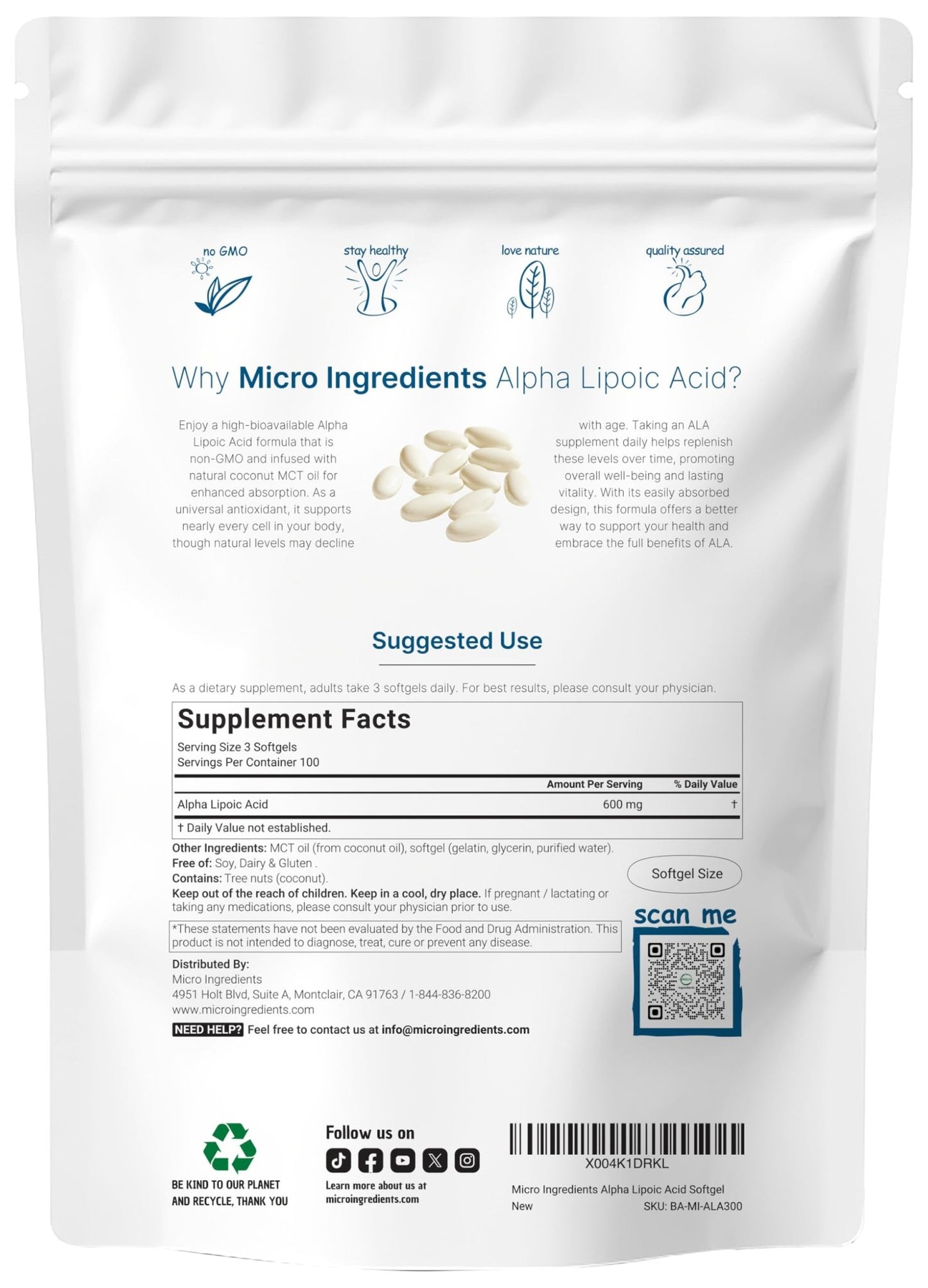 Micro Ingredients Alpha Lipoic Acid 600mg with MCT Oil, 300 Softgels | ALA Supplement for Liver, Antioxidants, Nerve, Cardiovascular Health Support - dailyvitalstore
