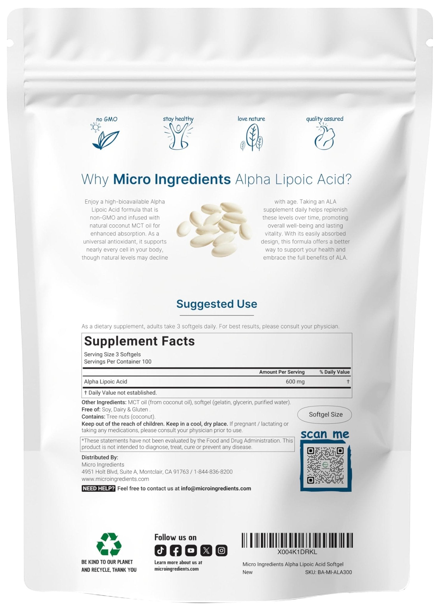 Micro Ingredients Alpha Lipoic Acid 600mg with MCT Oil, 300 Softgels | ALA Supplement for Liver, Antioxidants, Nerve, Cardiovascular Health Support - dailyvitalstore