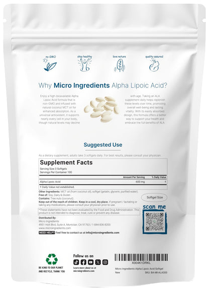 Micro Ingredients Alpha Lipoic Acid 600mg with MCT Oil, 300 Softgels | ALA Supplement for Liver, Antioxidants, Nerve, Cardiovascular Health Support - dailyvitalstore