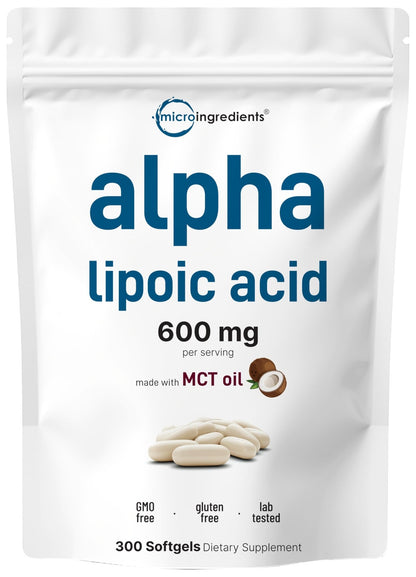 Micro Ingredients Alpha Lipoic Acid 600mg with MCT Oil, 300 Softgels | ALA Supplement for Liver, Antioxidants, Nerve, Cardiovascular Health Support - dailyvitalstore