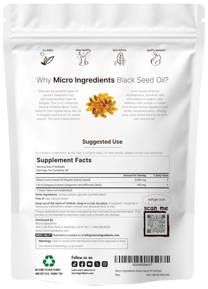 Micro Ingredients Black Seed Oil Softgels, 3,000mg, 240 Count | 2-in-1 Formula with Oil of Oregano, Carvacrol & Thymoquinone | - dailyvitalstore