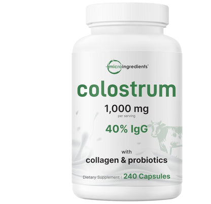 Micro Ingredients Bovine Colostrum 1,000 mg Per Serving, 240 Capsules | 40% IgG with Collagen & Probiotics | Colostrum Supplement - dailyvitalstore