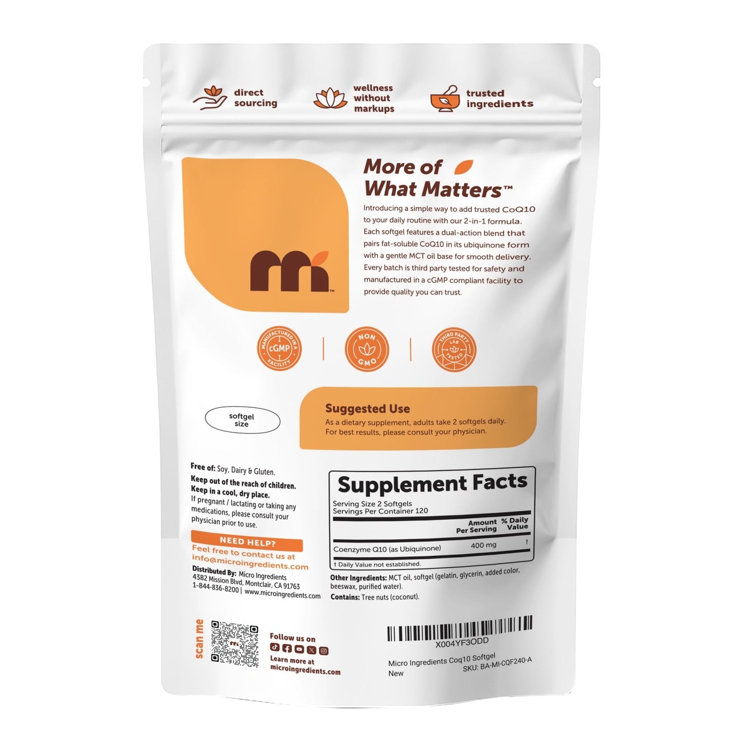 Micro Ingredients CoQ10 400 mg Per Serving, 240 Softgels | Made with Coconut MCT Oil | Coenzyme Q10 (Ubiquinone) | Non-GMO - dailyvitalstore