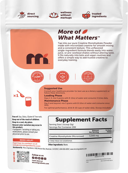 Micro Ingredients Creatine Monohydrate Powder 1 kg (2.2 Lbs), 5000mg Per Serv, Micronized Creatine Powder, Unflavored, No Filler, Keto & Vegan, Easy Dissolve, Pre Workout for Women & Men* - dailyvitalstore