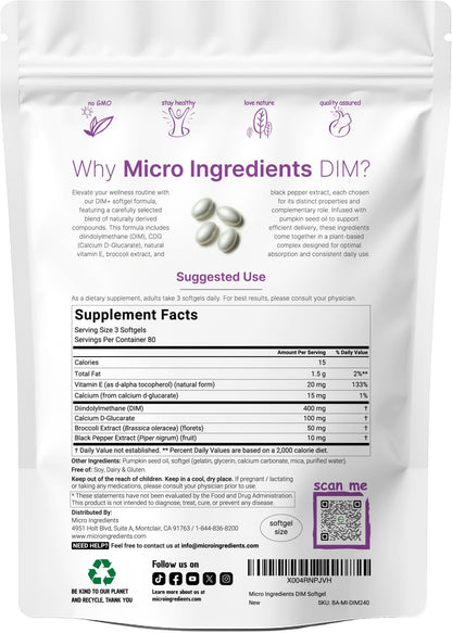 Micro Ingredients DIM+ Supplement 400mg for Men & Women | 240 Softgels with Pumpkin Seed Oil | Highly Bioavailable 7-in-1 Complex with Vitamin E, CDG, Broccoli & Black Pepper Extract - dailyvitalstore