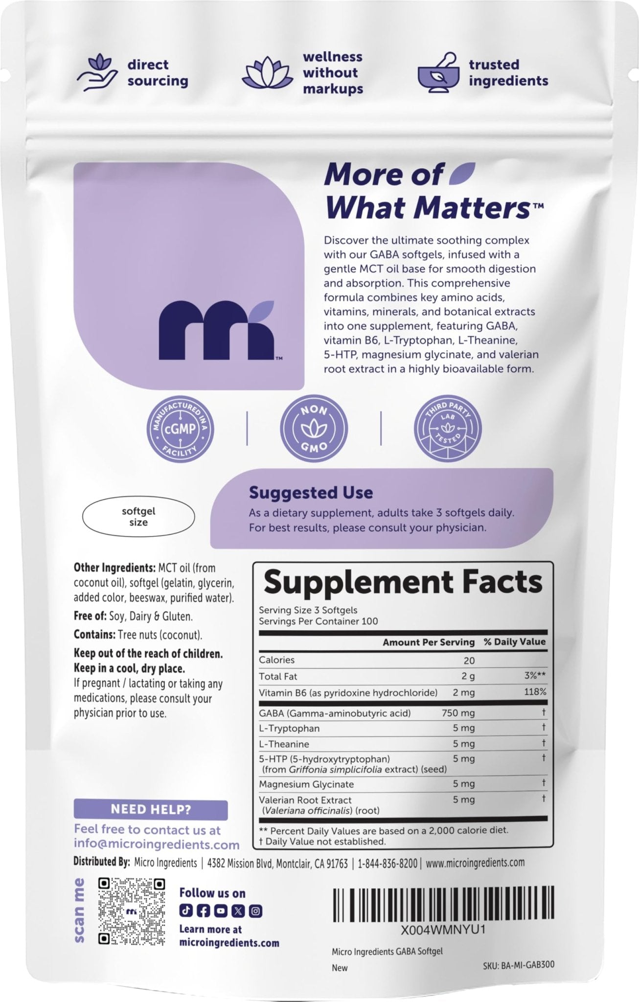 Micro Ingredients GABA 750 mg with MCT Oil, 300 Softgels | Gamma Aminobutyric Acid with Vitamin B6, 5-HTP, L-Theanine, L-Tryptophan & Magnesium Glycinate | Non-GMO, cGMP Manufactured - dailyvitalstore