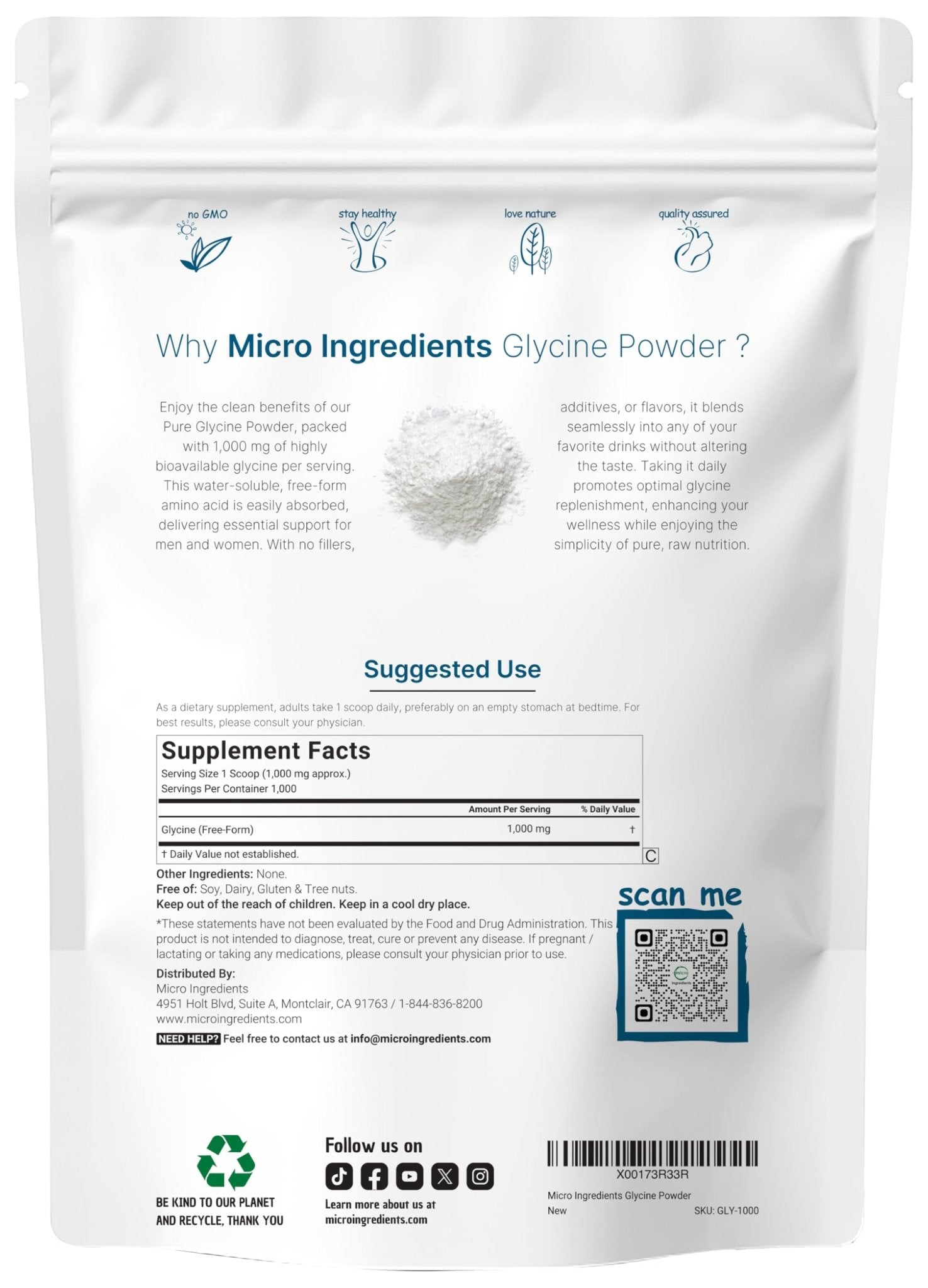 Micro Ingredients Glycine Powder, 1KG (2.2 Pounds), Glycine 1000mg Per Serving, Water Soluble and Products of USA - dailyvitalstore