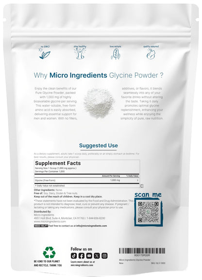 Micro Ingredients Glycine Powder, 1KG (2.2 Pounds), Glycine 1000mg Per Serving, Water Soluble and Products of USA - dailyvitalstore