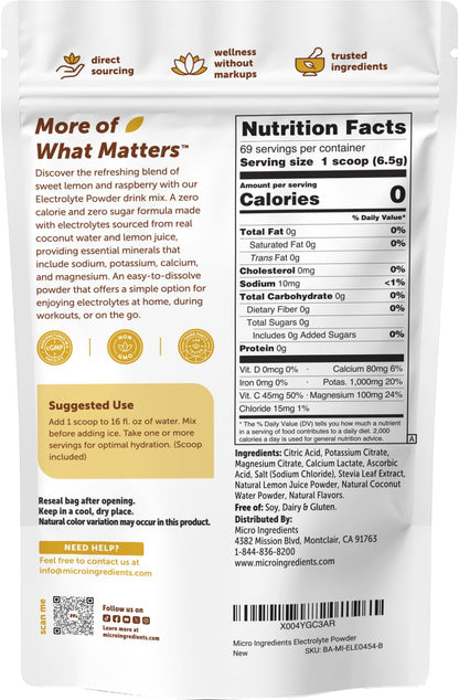 Micro Ingredients Hydration Electrolyte Powder, 1 lb (69 Servings) | Lemon Raspberry Flavor | High Potassium (1,000mg) + Coconut Water & Real Lemon Juice | No Sugar, Keto Friendly | Non-GMO - dailyvitalstore