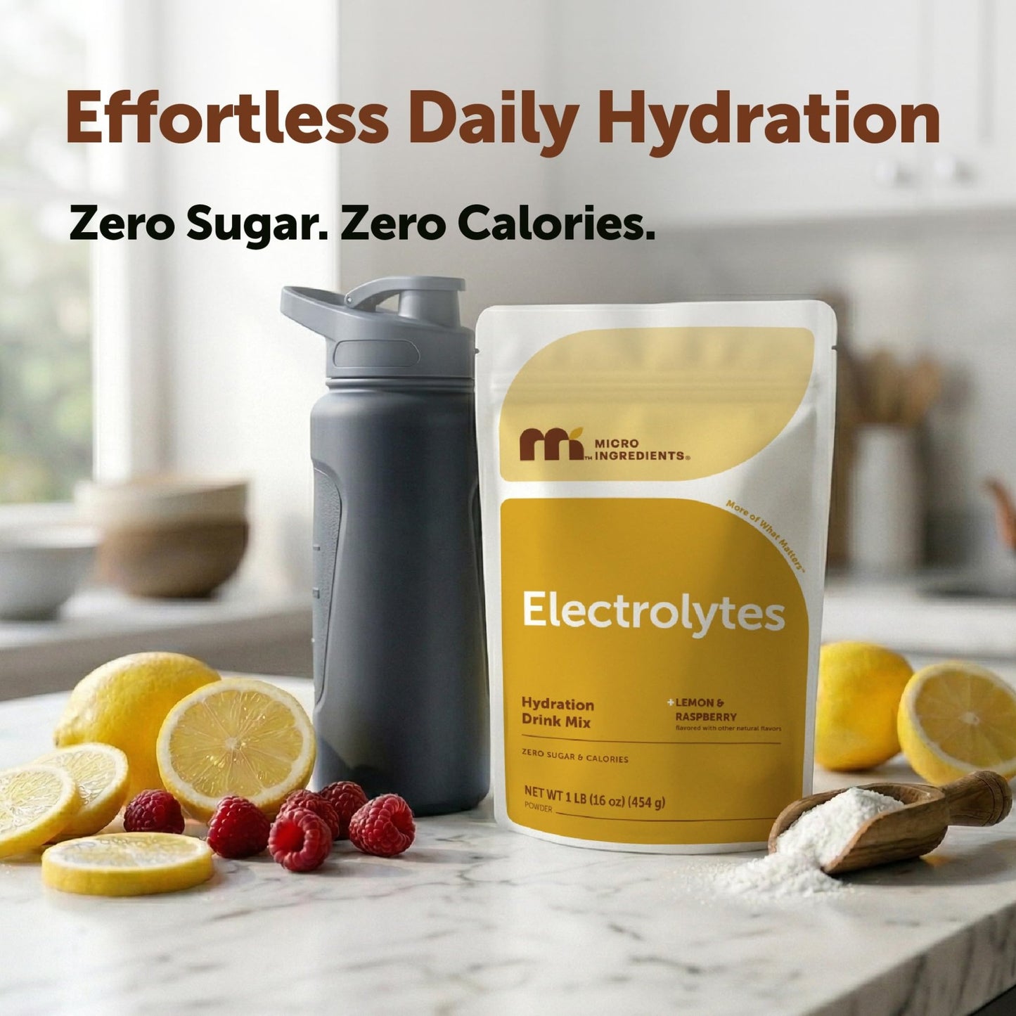 Micro Ingredients Hydration Electrolyte Powder, 1 lb (69 Servings) | Lemon Raspberry Flavor | High Potassium (1,000mg) + Coconut Water & Real Lemon Juice | No Sugar, Keto Friendly | Non-GMO - dailyvitalstore