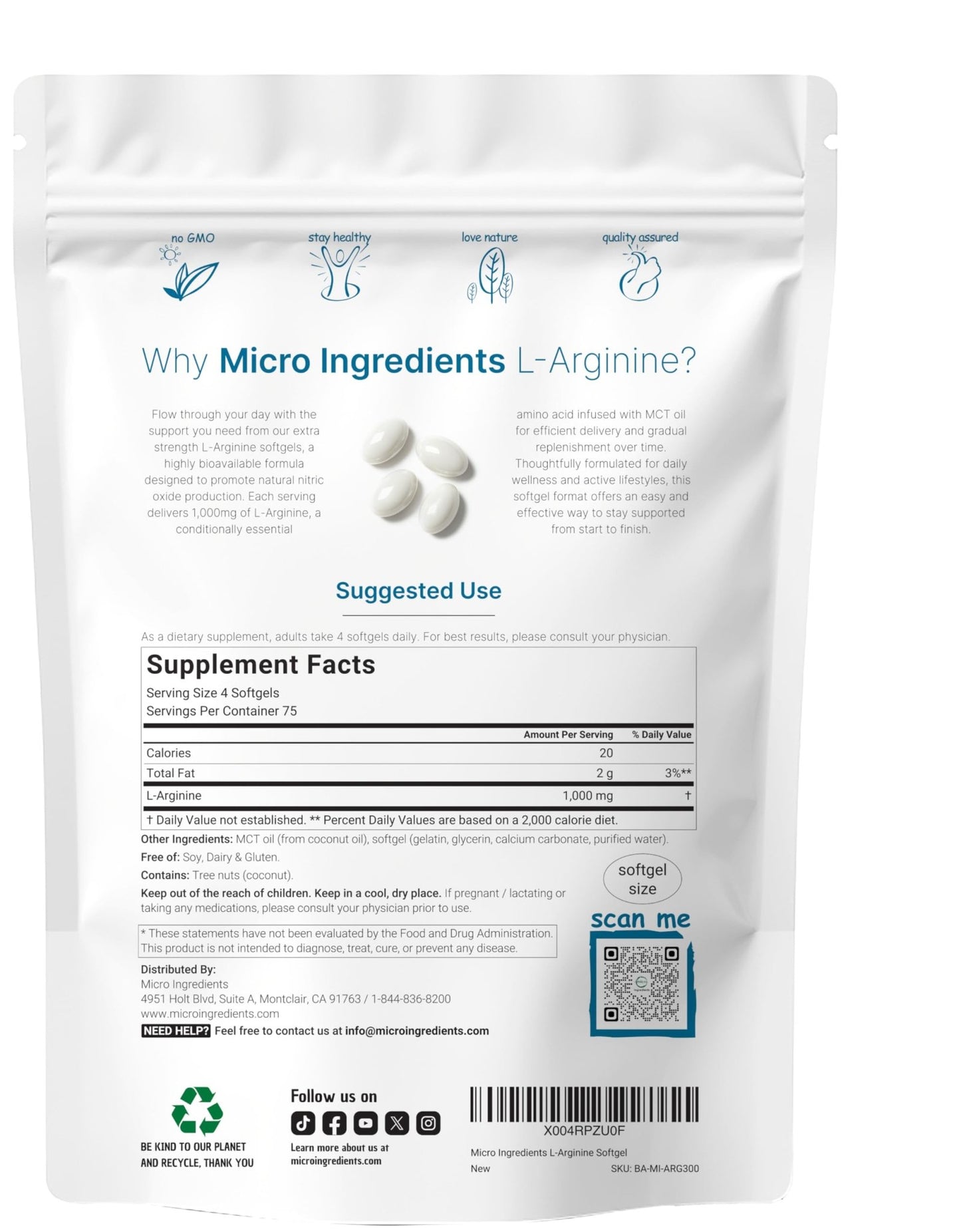 Micro Ingredients L-Arginine 1000mg with MCT Oil, 300 Softgels | Nitric Oxide Precursor* for Men & Women | Extra Strength Amino Acid Formula for Daily Wellness - dailyvitalstore
