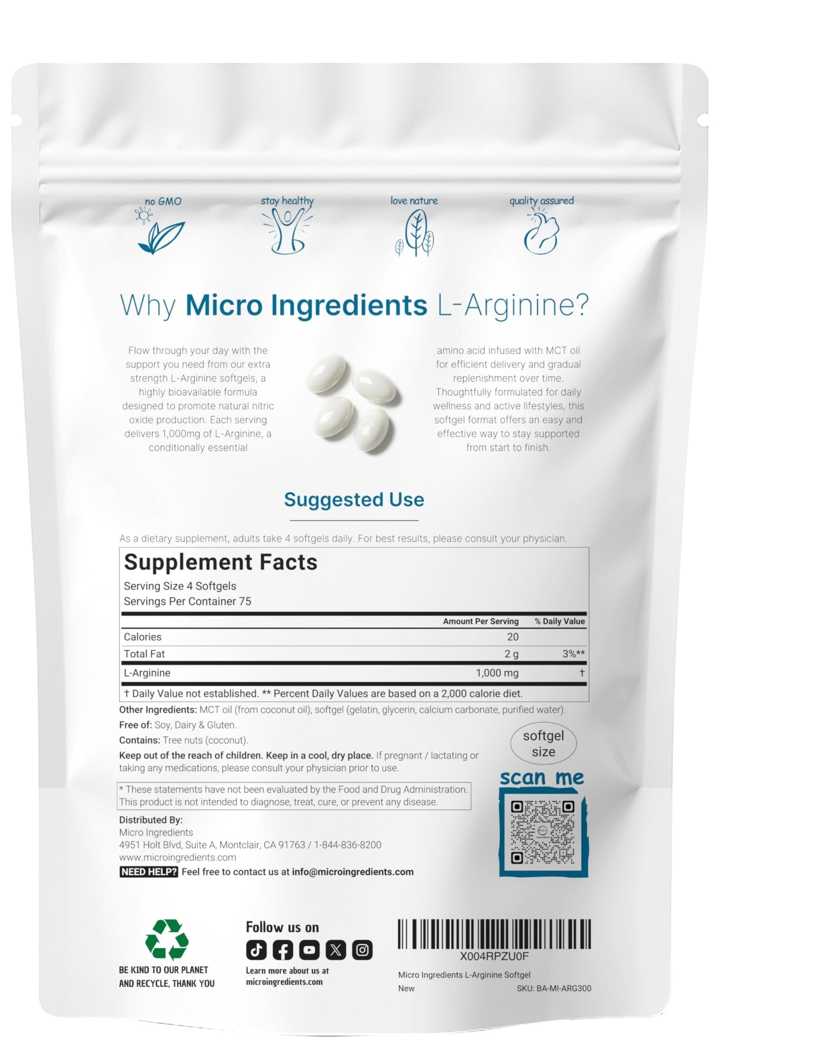 Micro Ingredients L-Arginine 1000mg with MCT Oil, 300 Softgels | Nitric Oxide Precursor* for Men & Women | Extra Strength Amino Acid Formula for Daily Wellness - dailyvitalstore