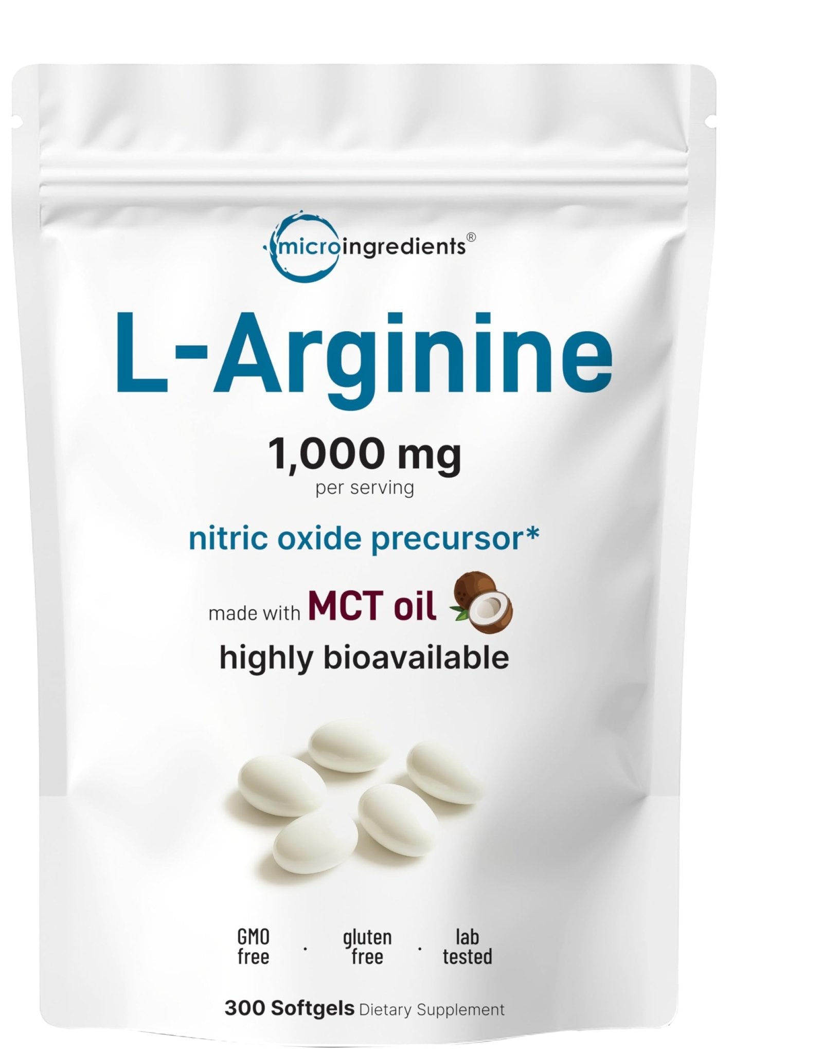 Micro Ingredients L-Arginine 1000mg with MCT Oil, 300 Softgels | Nitric Oxide Precursor* for Men & Women | Extra Strength Amino Acid Formula for Daily Wellness - dailyvitalstore
